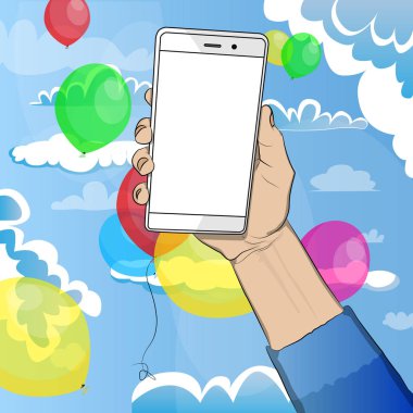 Cloudes ve balonlar ve arka plan üzerinde beyaz ekran ile beyaz cep telefonu tutan el. Çizgi roman tarzında çizim karikatür pop sanat retro vektör çizim.