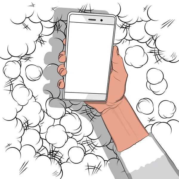 Mano Que Sostiene Teléfono Celular Blanco Con Pantalla Blanca Con — Vector de stock