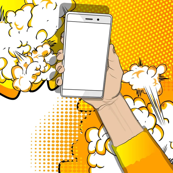 Hand Som Håller Vit Mobiltelefon Med Vit Skärm Cartoon Popkonst — Stock vektor