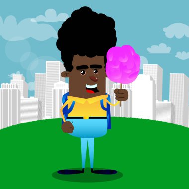 Okul çocuğu holding pembe pamuk şeker. Vektör çizgi film karakteri çizim.