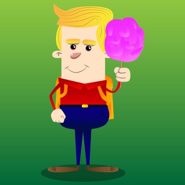 Okul çocuğu holding pembe pamuk şeker. Vektör çizgi film karakteri çizim.