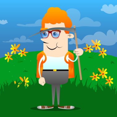 Bir tırpan tutan okul çocuğu. Vektör çizgi film karakteri çizim.