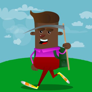 Bir tırpan tutan okul çocuğu. Vektör çizgi film karakteri çizim.