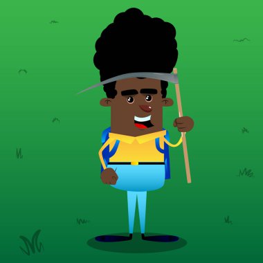 Bir tırpan tutan okul çocuğu. Vektör çizgi film karakteri çizim.