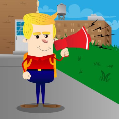 Okul çocuğu holding megafon. Vektör çizgi film karakteri çizim.