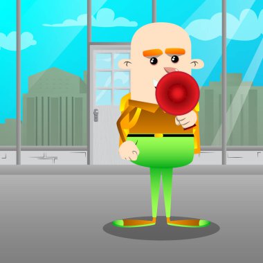 Okul çocuğu holding megafon. Vektör çizgi film karakteri çizim.