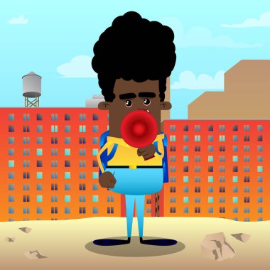 Okul çocuğu holding megafon. Vektör çizgi film karakteri çizim.