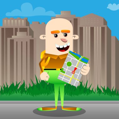 Okul çocuğu holding harita. Vektör çizgi film karakteri çizim.