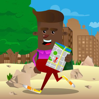 Okul çocuğu holding harita. Vektör çizgi film karakteri çizim.