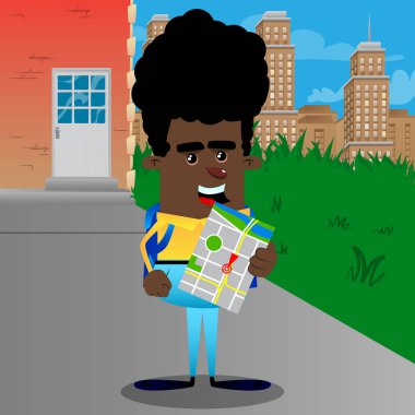 Okul çocuğu holding harita. Vektör çizgi film karakteri çizim.