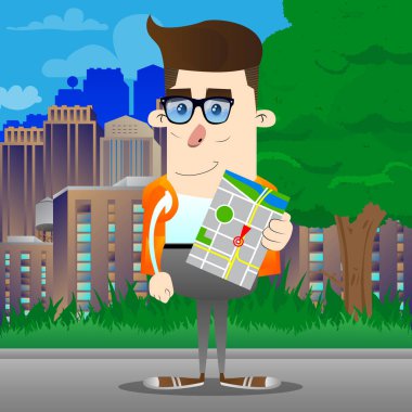 Okul çocuğu holding harita. Vektör çizgi film karakteri çizim.