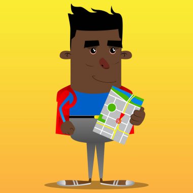 Okul çocuğu holding harita. Vektör çizgi film karakteri çizim.