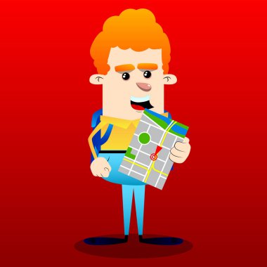 Okul çocuğu holding harita. Vektör çizgi film karakteri çizim.