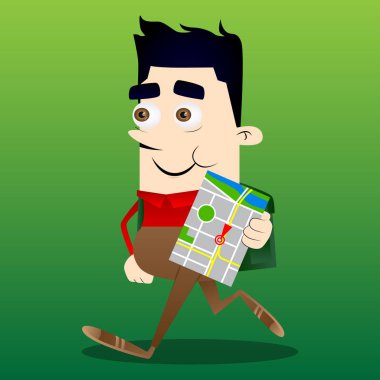 Okul çocuğu holding harita. Vektör çizgi film karakteri çizim.