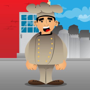 Şişman erkek karikatür Şef Tekdüzen ayakta. Vektör çizim.