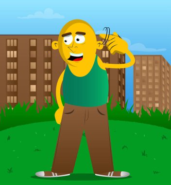 Sarı adam gösterir bir parmağını onun Tapınağı büküm tarafından fındık jest olduğunu. Vektör karikatür çizim.