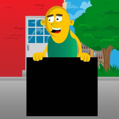 Sarı adam boş siyah işareti tutarak. Vektör karikatür çizim.