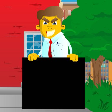 Sarı adam boş siyah işareti tutarak. Vektör karikatür çizim.