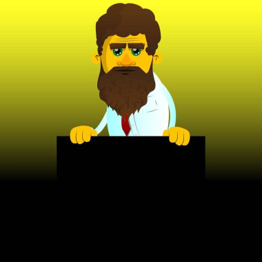 Sarı adam boş siyah işareti tutarak. Vektör karikatür çizim.