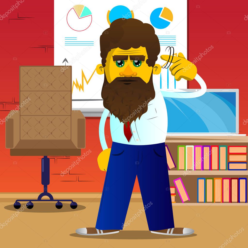 Yellow man shows a you're nuts gesture by twisting his finger around his temple. Vector cartoon illustration.