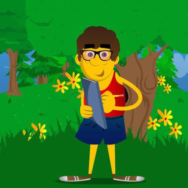 Sarı adam kitap kapağında yazma. Vektör karikatür çizim.