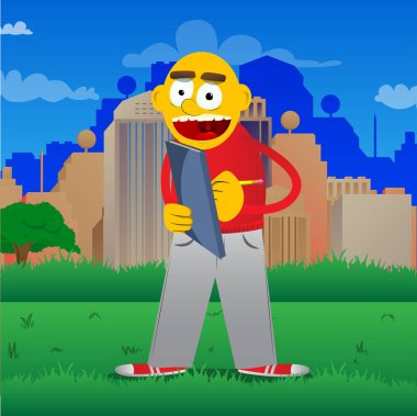 Sarı adam kitap kapağında yazma. Vektör karikatür çizim.