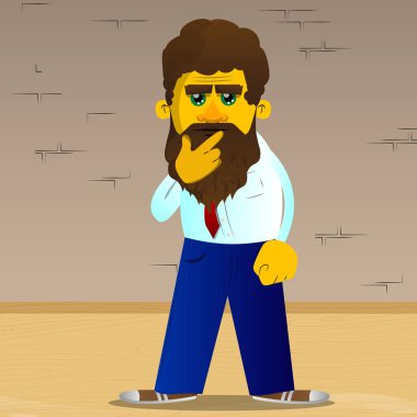 Düşünme veya onun sol tarafına işaret sarı adam. Vektör karikatür çizim.