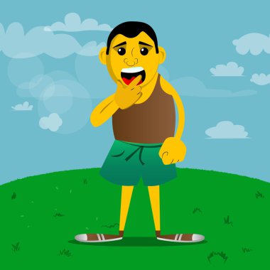 Düşünme veya onun sol tarafına işaret sarı adam. Vektör karikatür çizim.