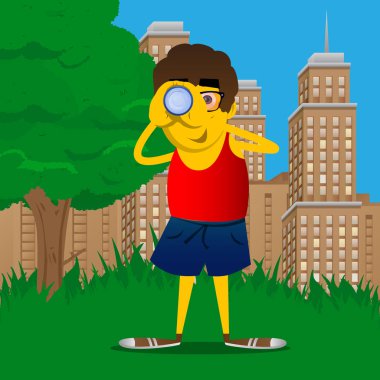 Dürbün onun elinde tutan sarı adam. Vektör karikatür çizim.