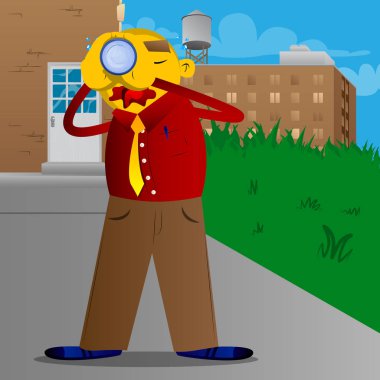 Dürbün onun elinde tutan sarı adam. Vektör karikatür çizim.