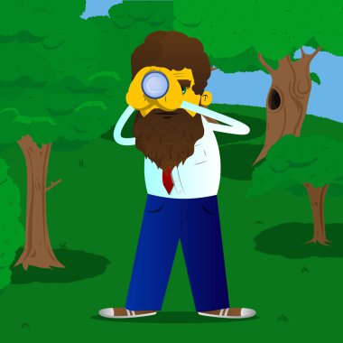 Dürbün onun elinde tutan sarı adam. Vektör karikatür çizim.