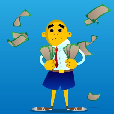 Holding veya para faturaları gösterilen sarı adam. Vektör karikatür çizim.