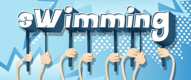 Alfabenin harfleri holding çeşitli eller oluşturulan kelime yüzme. Vektör çizim.