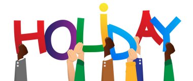 Alfabenin harfleri holding çeşitli eller sözcük tatil oluşturdu. Vektör çizim.