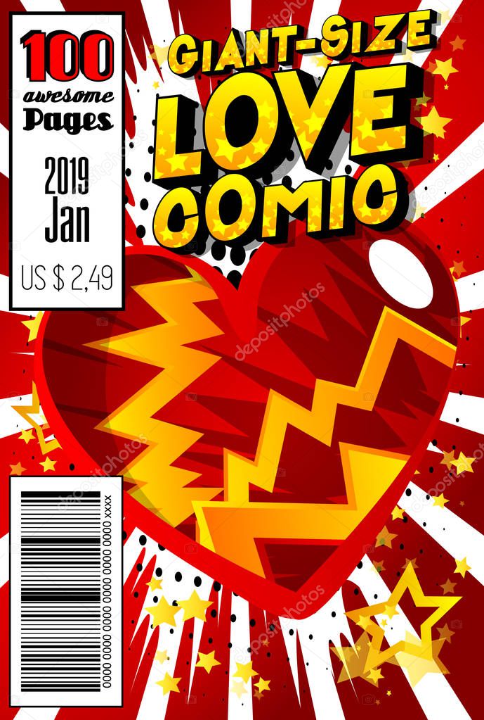 Editable Giant-Size Love Comic Book cover with hearts and other effects.