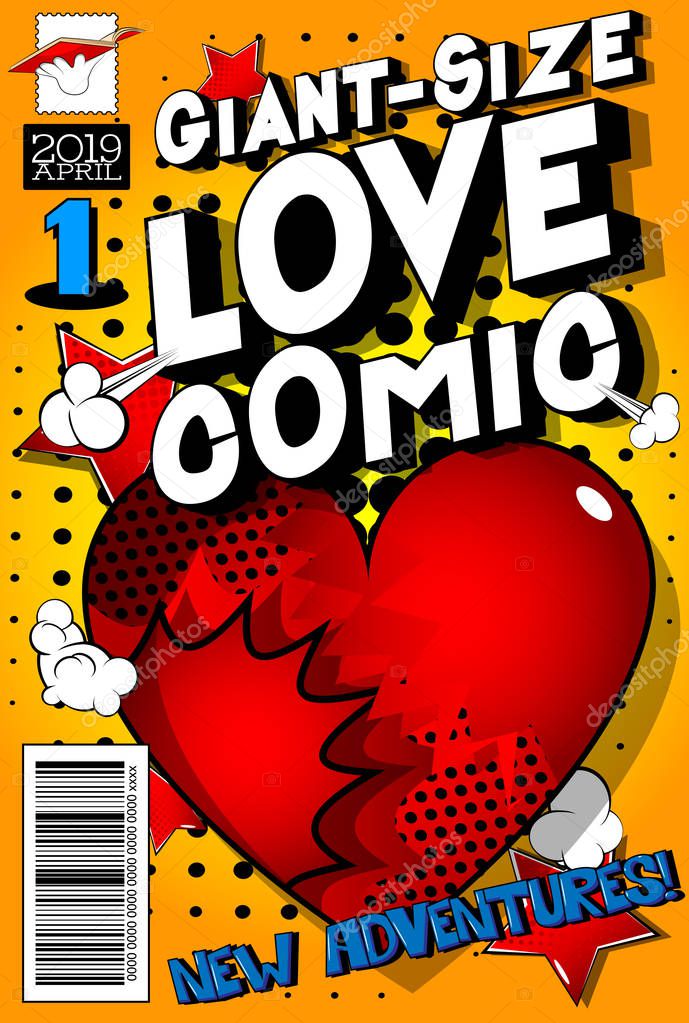 Editable Giant-Size Love Comic Book cover with hearts and other effects.