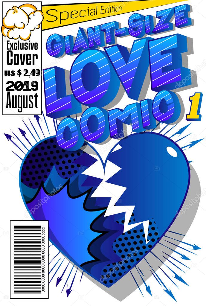 Editable Giant-Size Love Comic Book cover with hearts and other effects.