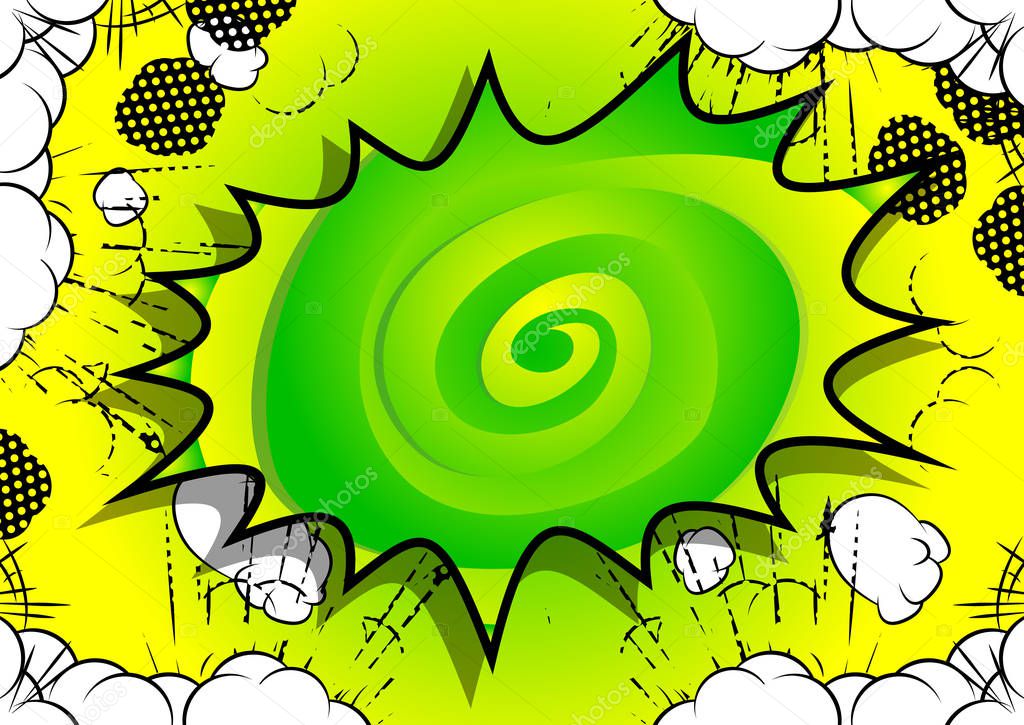 Vector illustrated retro comic book background with big green explosion bubble, pop art vintage style backdrop.