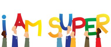 Kelime oluşturulan alfabenin harfleri holding çeşitli eller Super ben. Vektör çizim.