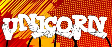 Alfabenin harflerini tutan çeşitli eller Tekboynuz kelimesini yarattı. Vektör illüstrasyonu.