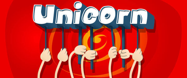 Разнообразные руки, держащие буквы алфавита, создали слово Единорог. Векторная иллюстрация
.