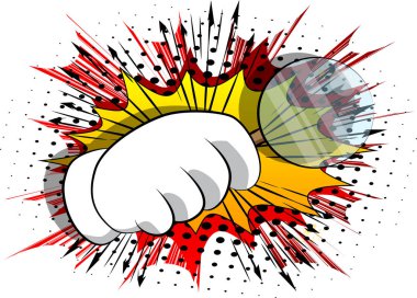 Vektör karikatür El Büyüteç tutarak. Resimli el ifade, çizgi roman arka plan jest.