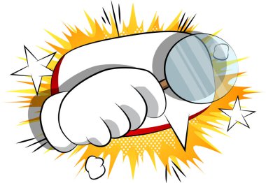 Vektör karikatür El Büyüteç tutarak. Resimli el ifade, çizgi roman arka plan jest.