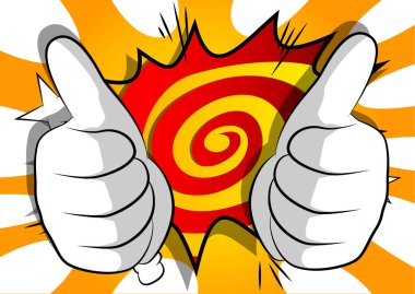 Vektör çizgi film yapım başparmak işaret yukarıya eller. Resimli el ifade, çizgi roman arka plan jest.