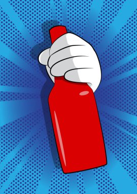 Vector cartoon hand holding a bottle. Illustrated Like hand sign on comic book background. vector Vector cartoon hand holding a bottle. Illustrated Like hand sign on comic book background. vector