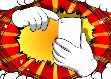 Vektör karikatür el bir cep telefonu kullanarak. Resimli el ifade, çizgi roman arka plan jest.
