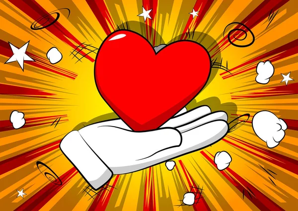 Vector Cartoon Hand Showing Red Heart Illustrated Sign Comic Book — Stock Vector