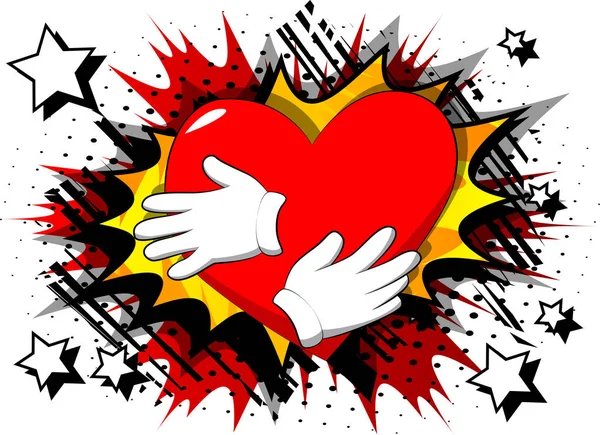 Vector Mão Dos Desenhos Animados Abraçando Coração Vermelho Sinal Ilustrado —  Vetores de Stock