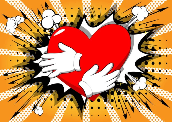 Vector Mão Dos Desenhos Animados Abraçando Coração Vermelho Sinal Ilustrado —  Vetores de Stock