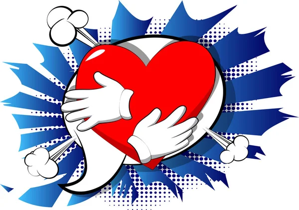 Vektör Karikatür Kırmızı Kalp Sarılma Çizgi Roman Arka Plan Üzerinde — Stok Vektör
